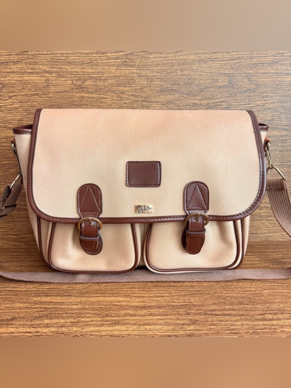 Vintage John Weitz Tan Canvas Messenger Bag Satchel Work Office Academia Preppy‎